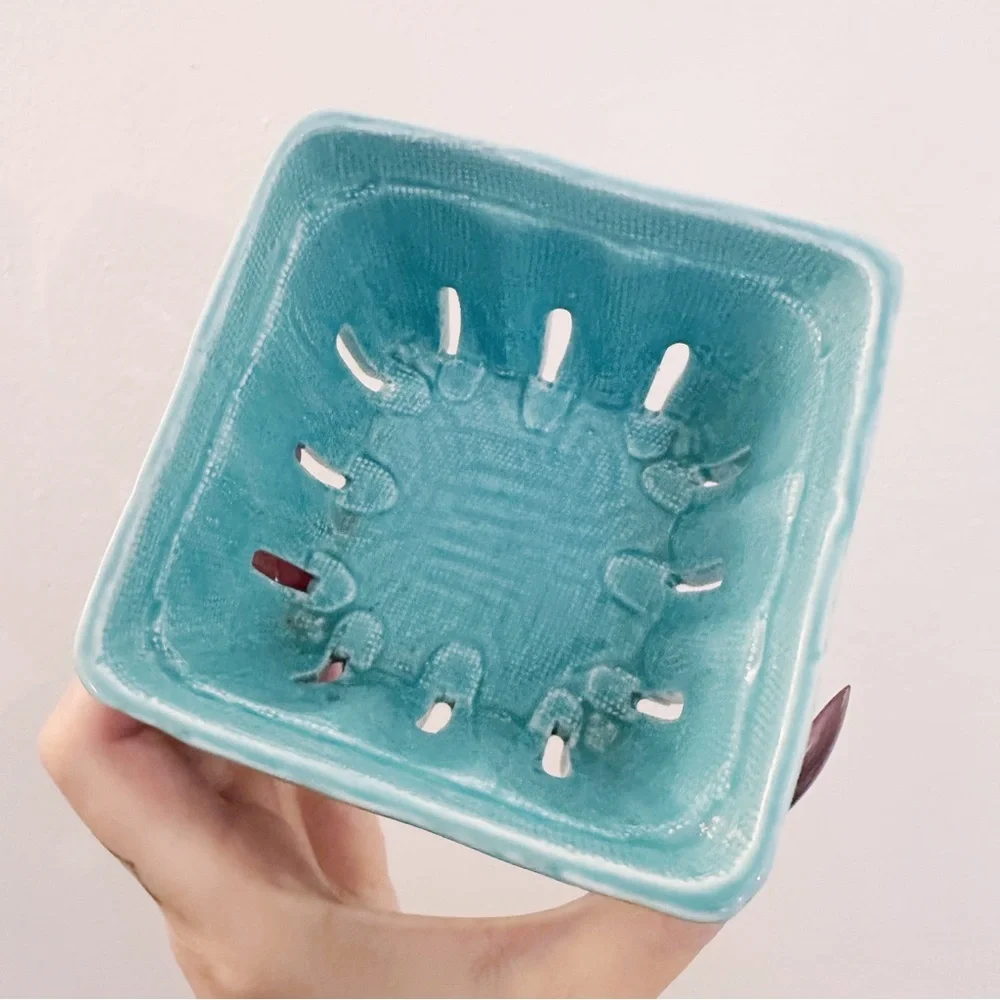 Anthropologie Ceramic Berry Basket Teal Blue Storage Container Bowl